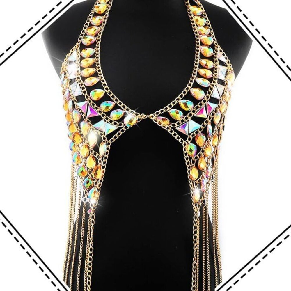 Rhinestone Body Chain Gold Bra Chain Sexy Bikini Nightclub Jewelry for Women